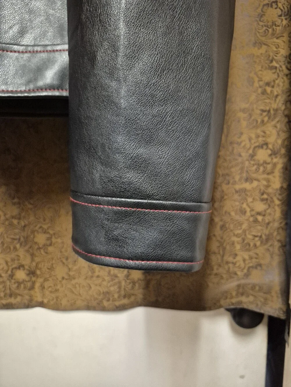 True Religion Black Leather Bomber Jacket with Red Stitching